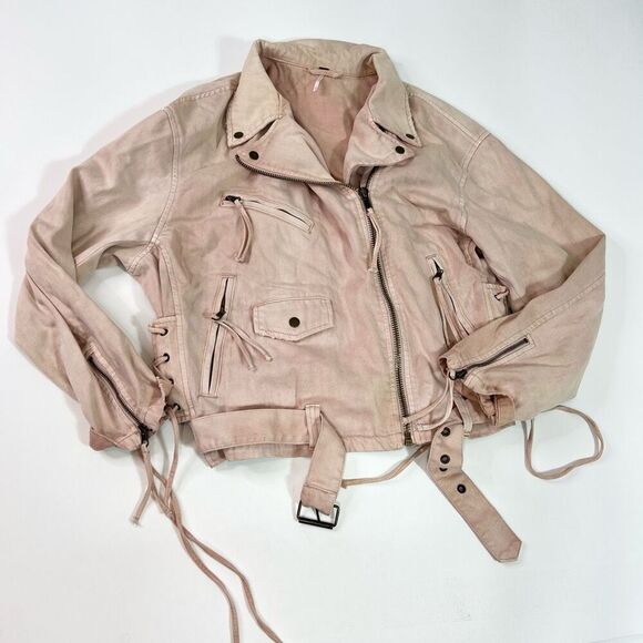 Free People Jacket Womens Large Oversized Motorcycle Pink Denim Rose Lace Up - Picture 1 of 9